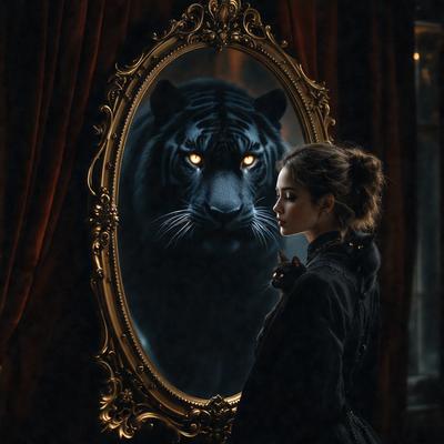 The primary subject of the image is a woman standing in front of a mirror. The setting is a room with a red curtain in the background. The visual style is a photo, and the colors and mood are dark and mysterious.